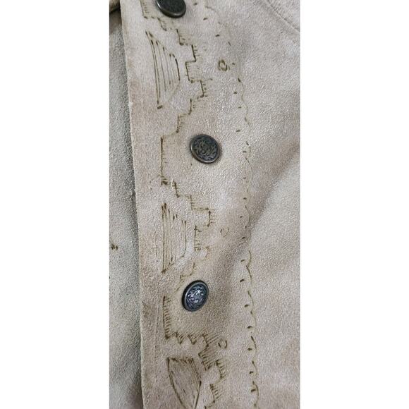 Vintage 60s 70s Leather Suede Poncho Snap Cape Hippie Boho Tan Tooled Western M - Picture 10 of 16